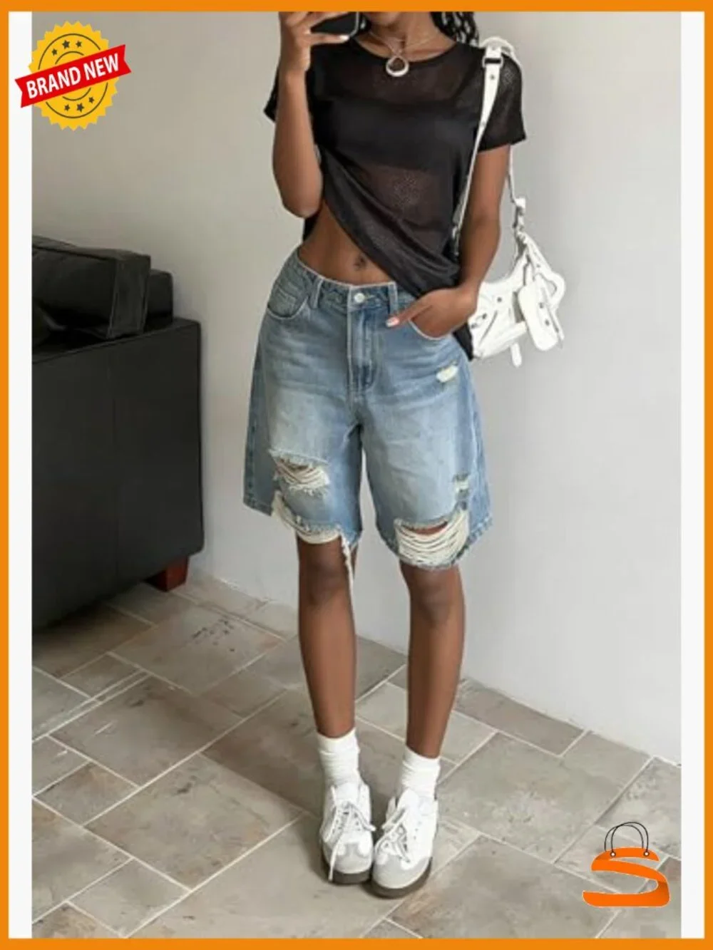 High Waisted Ripped Jean Shorts Baggy Bermuda Long Denim Jorts